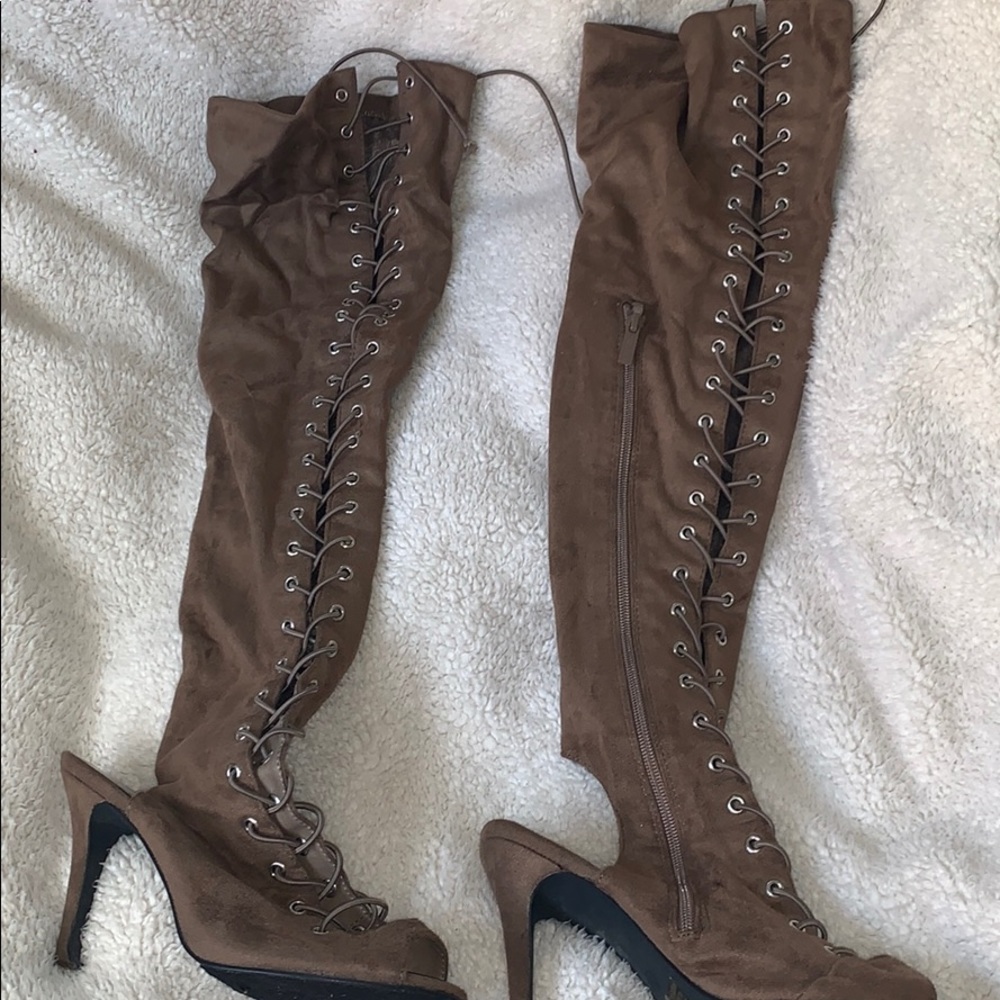 Miss Lola Taupe lace up over the knee boots.